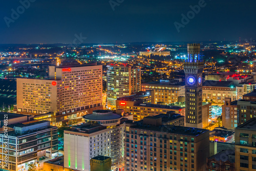 View of downtown at night in Baltimore, Maryland