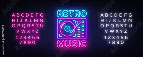 Retro Music neon sign vector. Retro Music Design template neon sign, Retro Style 80-90s, celebration light banner, gramophone neon signboard, nightly advertising. Vector. Editing text neon sign