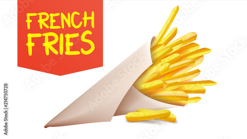French Fries Potatoes Vector. Paper Cone. Classic American Stick Breakfast. Isolated Realistic Illustration