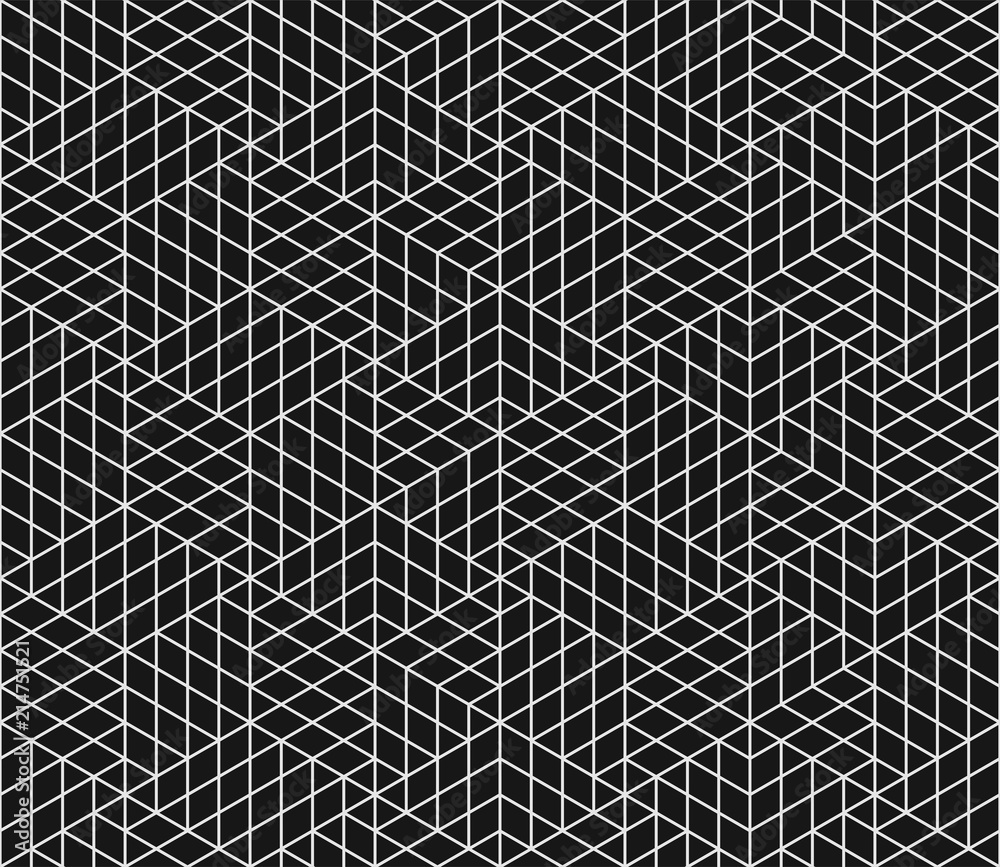 Abstract geometric pattern on black background. Vector seamless Bauhaus mosaic grid lines with wireframe pattern