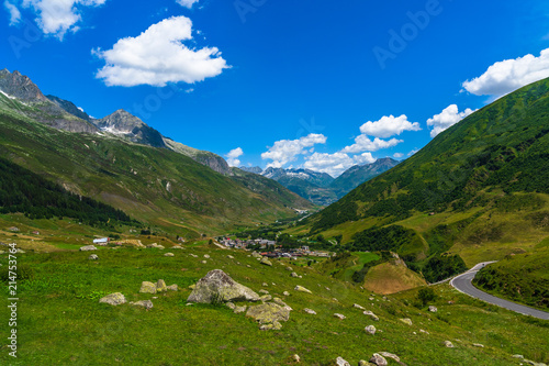 Dolomites Apls, Switzerland panorama. Dolomites Alps landscape, green valley 