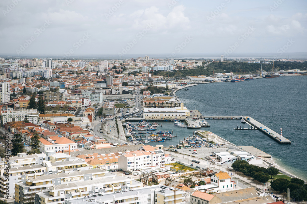 Beautiful panoramic view from above to the port city of Setubal in Portugal located on the Atlantic coast