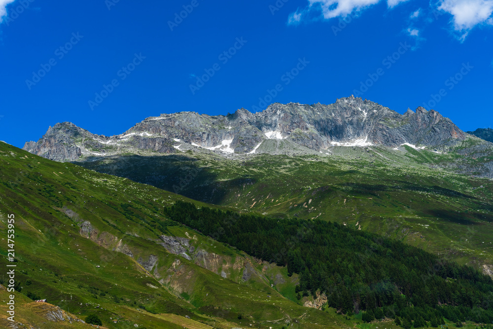 Dolomites Apls, Switzerland panorama. Dolomites Alps landscape, green valley 
