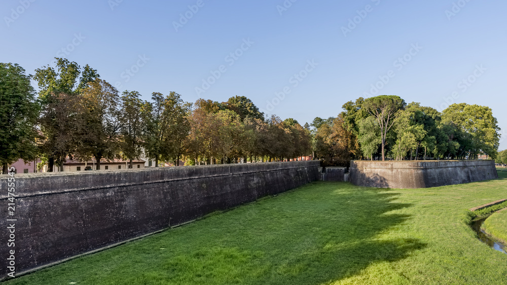 Beautiful panoramic view of the ancient walls of Lucca, Tuscany, Italy, in the late afternoon light