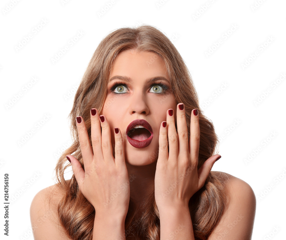 Emotional young woman with beautiful manicure on white background Emotional young woman with beautiful manicure on white background
