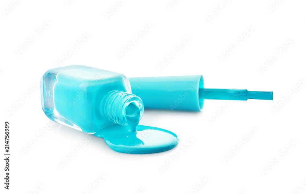 Open bottle of nail polish with brush on white background Open bottle of nail polish with brush on white background