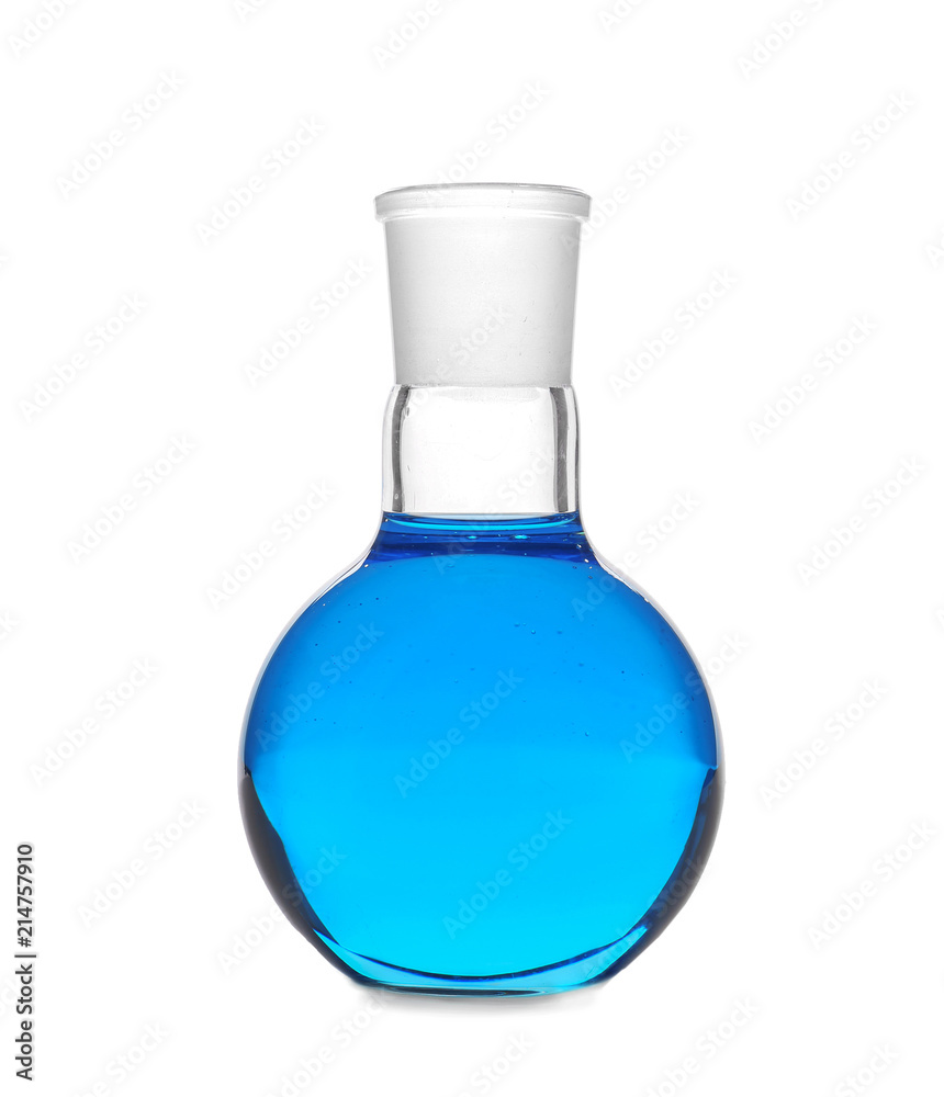 Flask with color liquid on white background