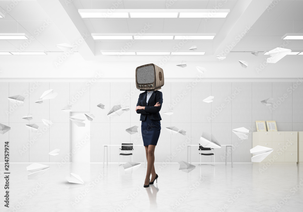 Business woman with an old TV instead of head. Business woman with an old TV instead of head.