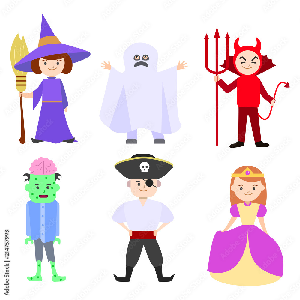 Cartoon Halloween Kids Costumes Set. Vector