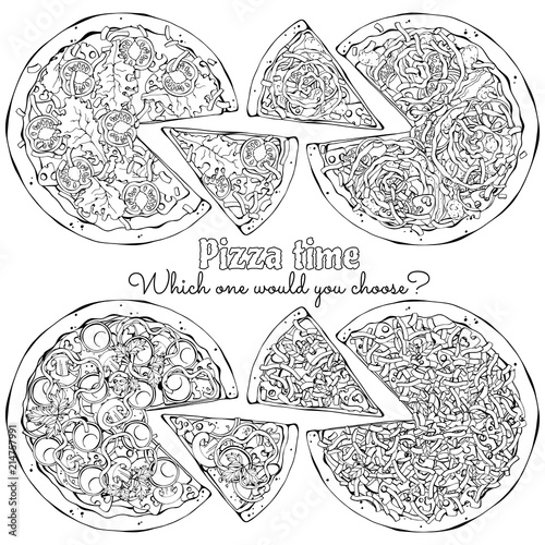 Group of vector illustrations on the pizza theme; several kinds of pizzas from different recipes. 