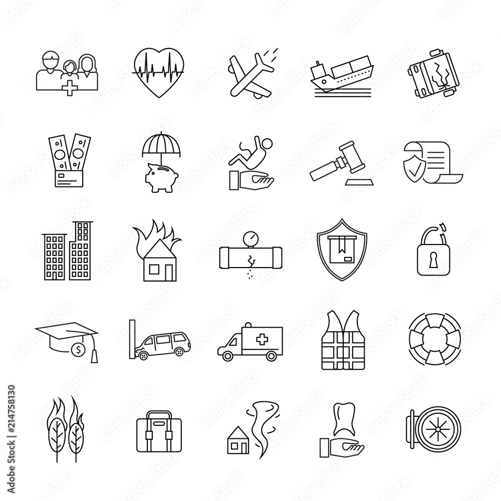 Fototapeta premium Insurance Elements Black Thin Line Icon Set. Vector