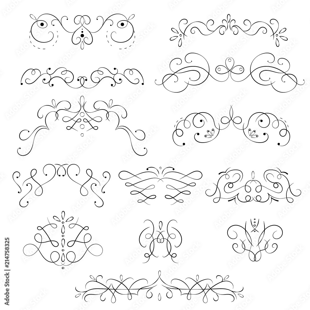 Swirling Floral Elements Black Thin Line Icon Set. Vector