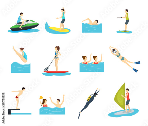 Cartoon Water Sport and Characters People Set. Vector