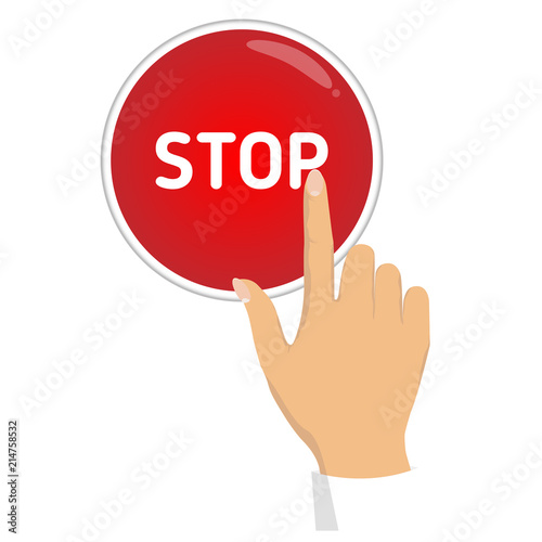 Woman hand with pointing finger, with STOP button. Circle button with STOP type. Hand illustration, showing finger.