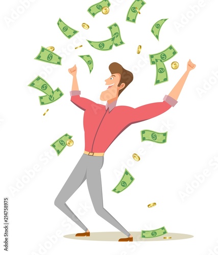 A cartoon man standing under money rain banknotes and coins. Businessman celebrates success.