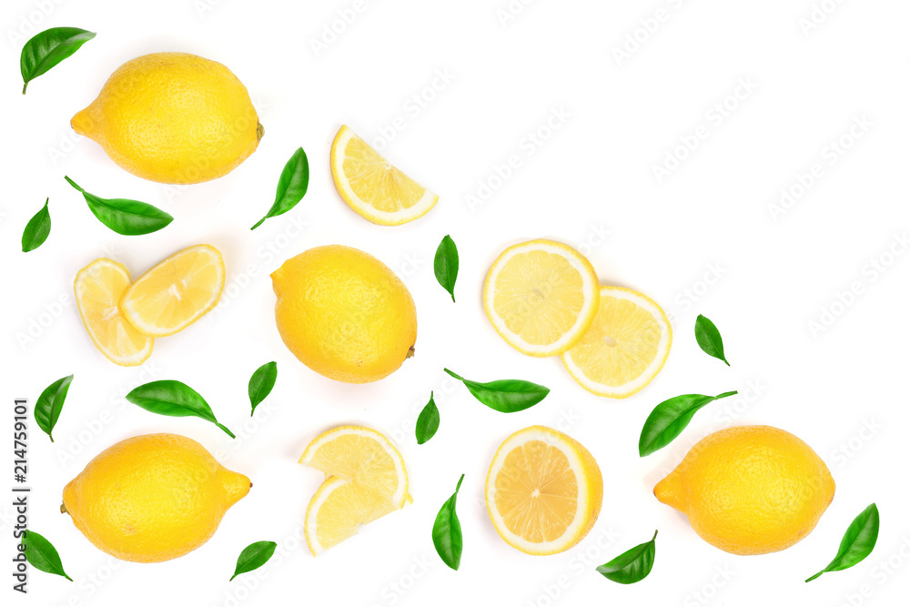 Lemon decorated with green leaves isolated on white background with copy space for your text. . Top view. Flat lay Lemon decorated with green leaves isolated on white background with copy space for your text. . Top view. Flat lay