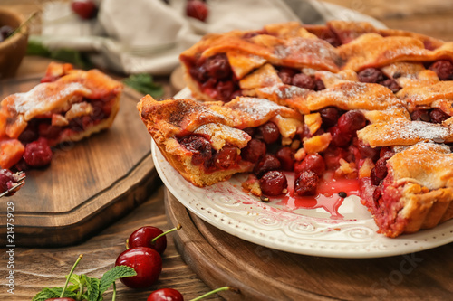 Homemade cherry pie with la...