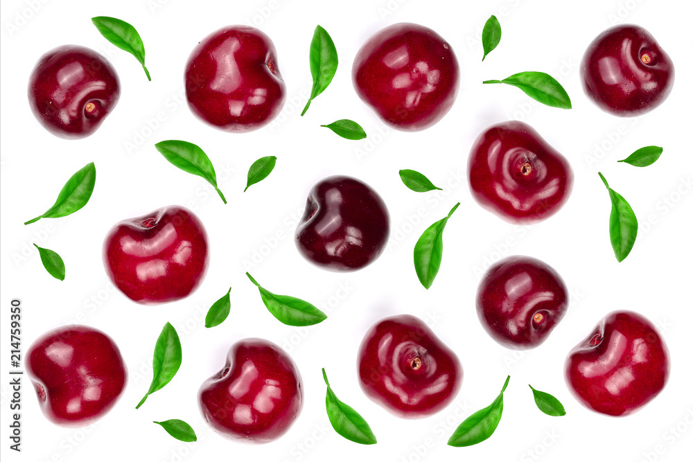 Sweet red cherries isolated on white background with copy space for your text. Top view. Flat lay pattern