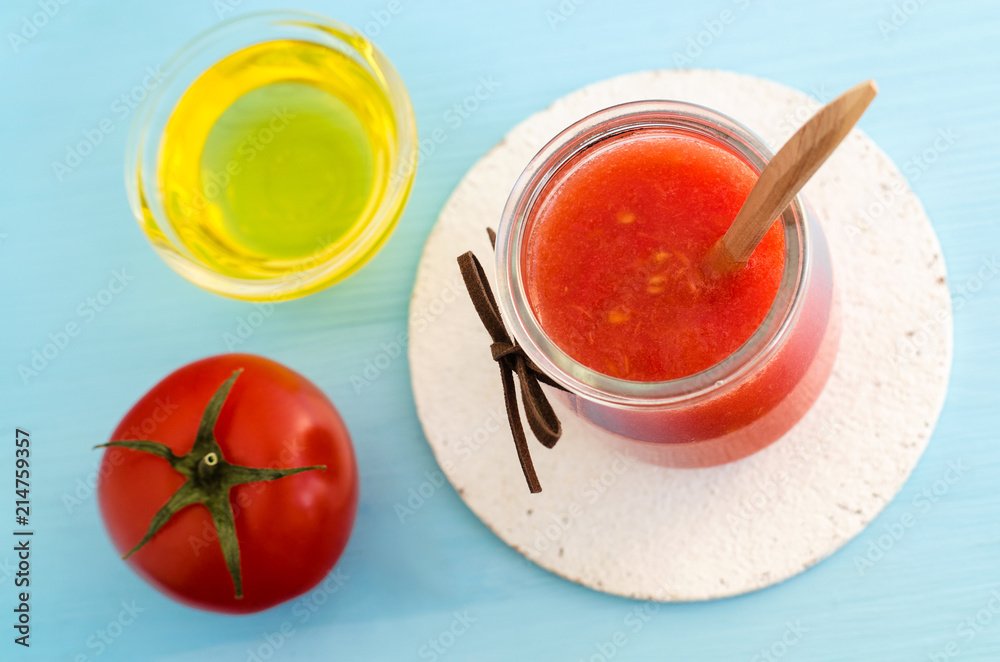 Tomato puree in a glass jar and olive oil for preparing homemade face and  hair mask. Ingredients of DIY cosmetics. Top view, copy space. Stock Photo  | Adobe Stock