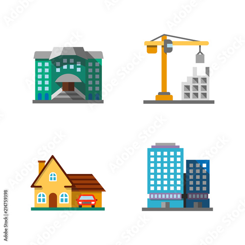 City buildings flat design long shadow color icons set