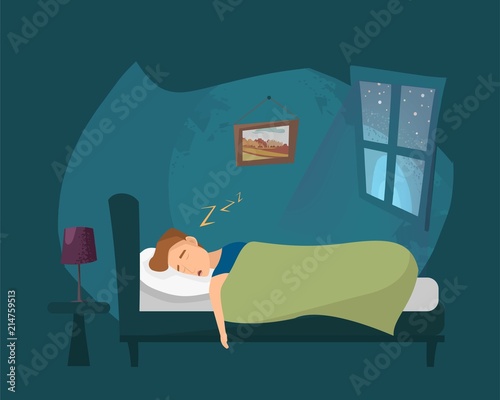 Young guy is sleeping in his bed. Cartoon vector illustration.	