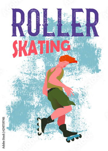The guy with red hair on roller skates on blue grunge background. The strong expressive sportsman in movement. Banner or poster in flat style vector illustration and text "Roller Skating".