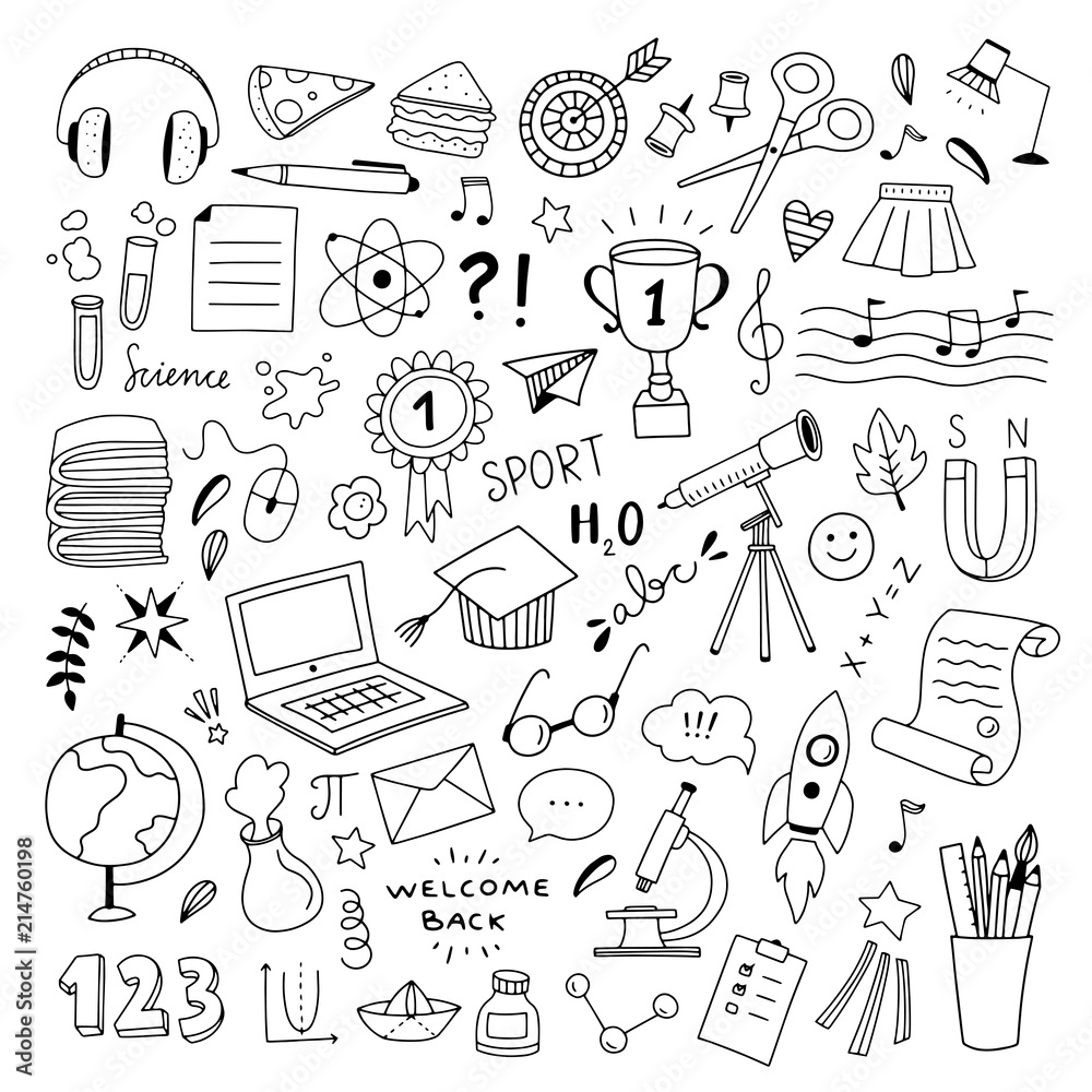 School hand drawn illustrations vector set. Outline school and science ...