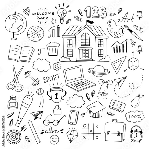 Cute school doodle illustrations. Welcome back to school hand drawn icons and symbols