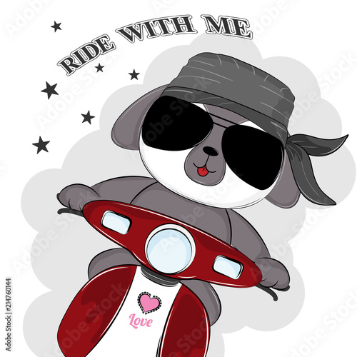 Dog biker in glasses on a motorcycle and the inscription ride with me.