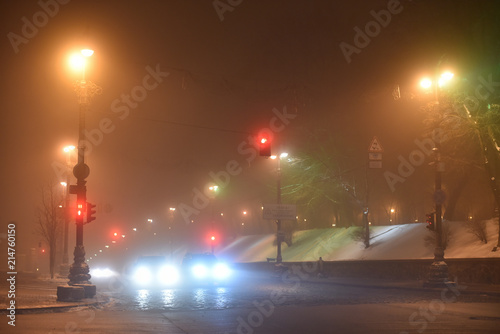 fog on night winter street