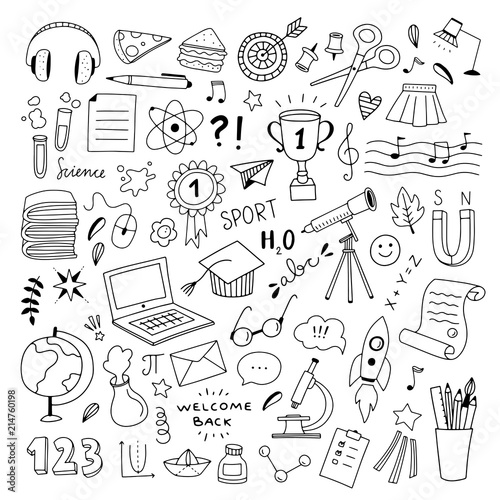 School hand drawn illustrations vector set. Outline school and science objects