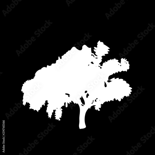 White silhouette of leafed tree isolated on black background.