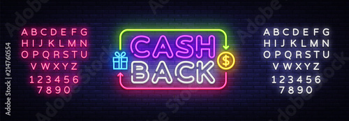 Cash Back sign vector design template. Cash Back symbols neon logo, light banner design element colorful modern design trend, night bright advertising, bright sign. Vector. Editing text neon sign