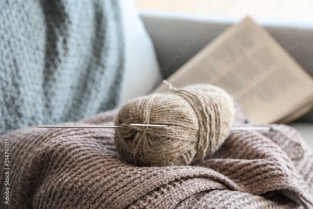 Knitting yarn with clothes and needles on sofa