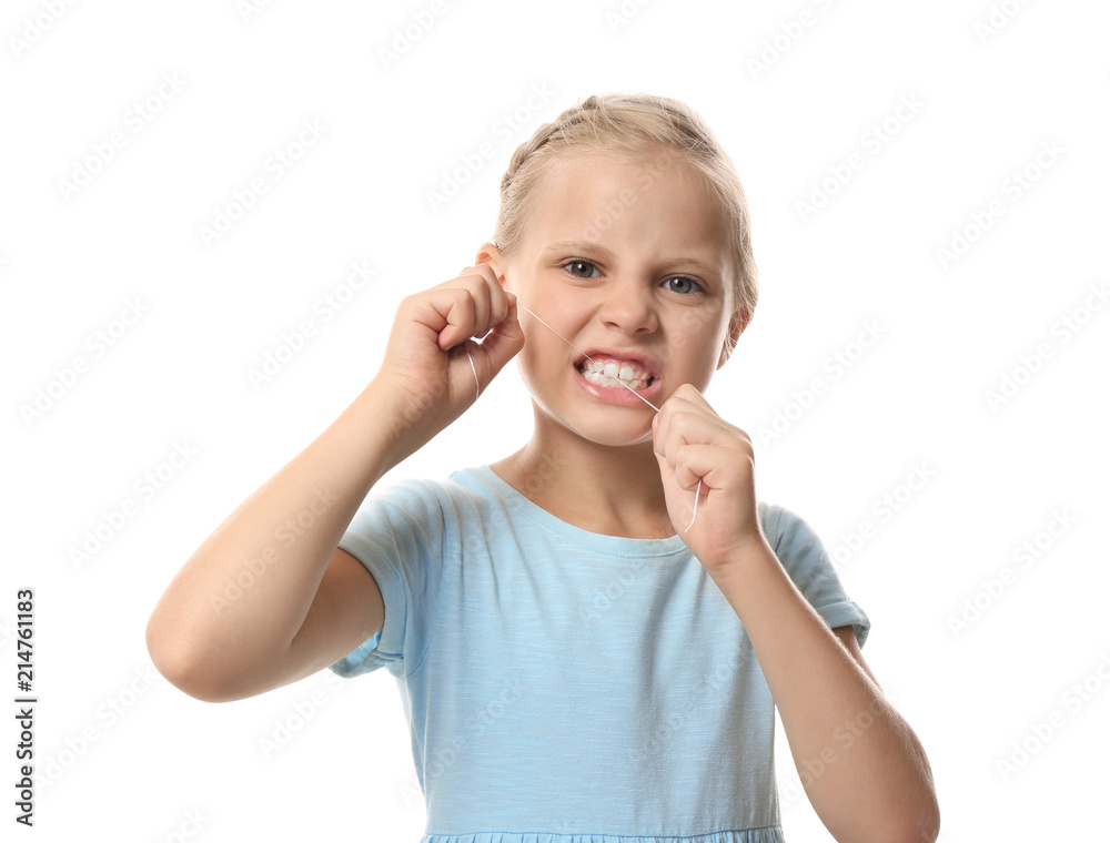 Cute little girl flossing teeth on white background Cute little girl flossing teeth on white background
