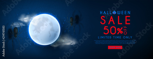 Halloween sale web banner. Vector illustration with realistic full moon and spiders on dark blue background with spider web pattern. Seasonal offer with discount.
