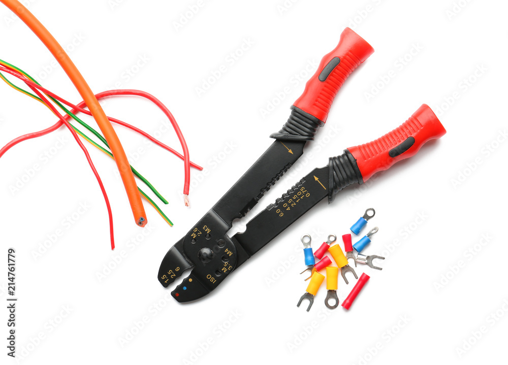 Wire stripper with cables and terminal ends on white background Wire stripper with cables and terminal ends on white background