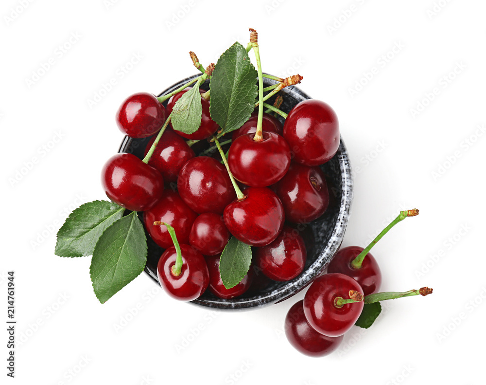 Bowl with ripe cherries on white background Bowl with ripe cherries on white background