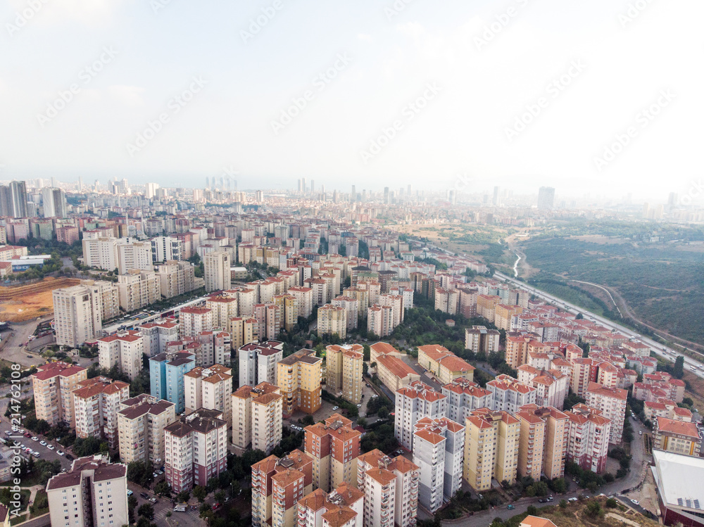 Aerial Drone View of Ugur Mumcu Aydos Forest with Buildings in Istanbul / Kartal
