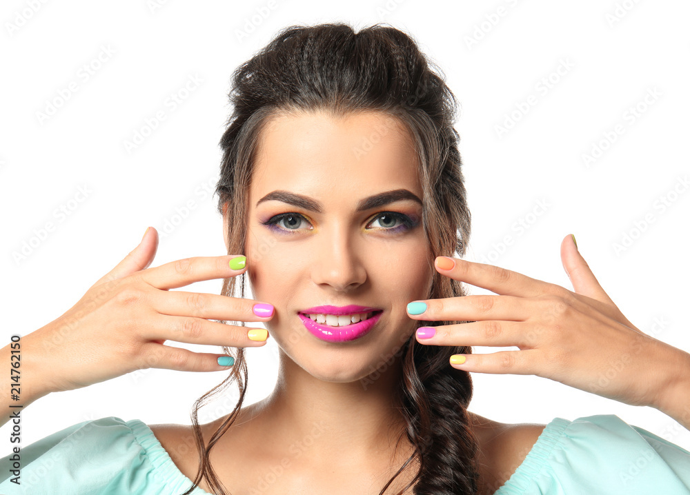 Beautiful young woman with colorful manicure on white background Beautiful young woman with colorful manicure on white background