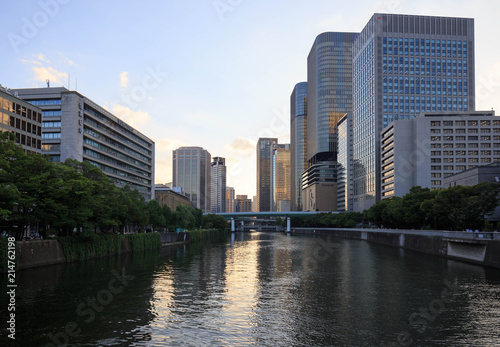 Osaka  Japan - July 23  2018  Late afternoon sun reflects off one of the many waterways running through Japan s second largest city