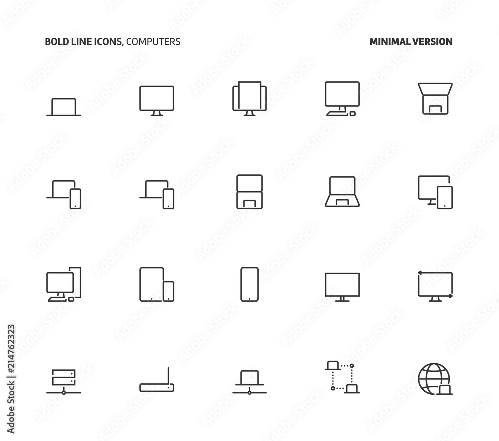 Computers, bold line icons, minimal version