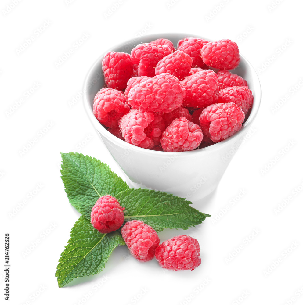 Bowl with delicious fresh ripe raspberries on white background Bowl with delicious fresh ripe raspberries on white background