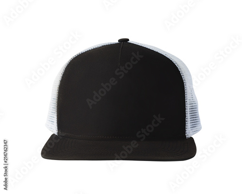 Front view of black baseball cap or trucker hat isolated on white background