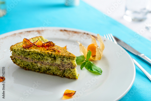 slice of tasty pie with spinach