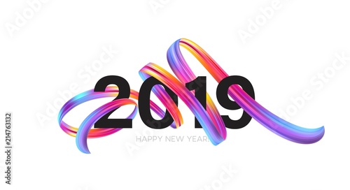 2019 New Year on the background of a colorful brushstroke oil or acrylic paint design element. Vector illustration