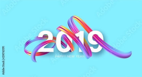 2019 New Year on the background of a colorful brushstroke oil or acrylic paint design element. Vector illustration