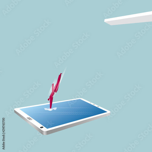 Diving exercise.A businessman jumps into the tablet. The background is blue.