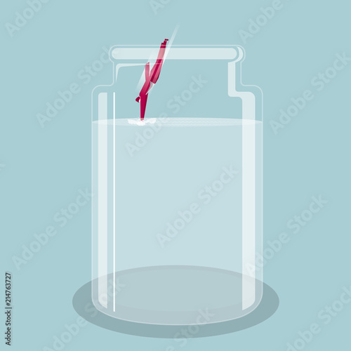Diving exercise.A businessman jumps into the glass bottle. The background is blue.