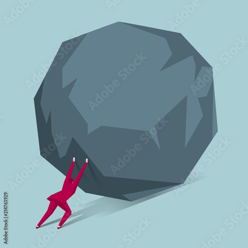 Businessman pushing huge stone. Business problem crisis hardship and burden concept.